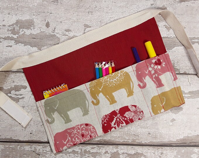 Elephant Red Linen Child Apron Tool Belt, Stocking filler, Pocket Apron, Role Playing Teacher, Mark Making equipment, STOCKING FILLER