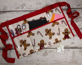 OilCloth PVC Half waist apron, Teacher Apron, GINGERBREAD MAN Men Vendor Apron, Garden Apron, Utility Belt Half Waist 3 pockets