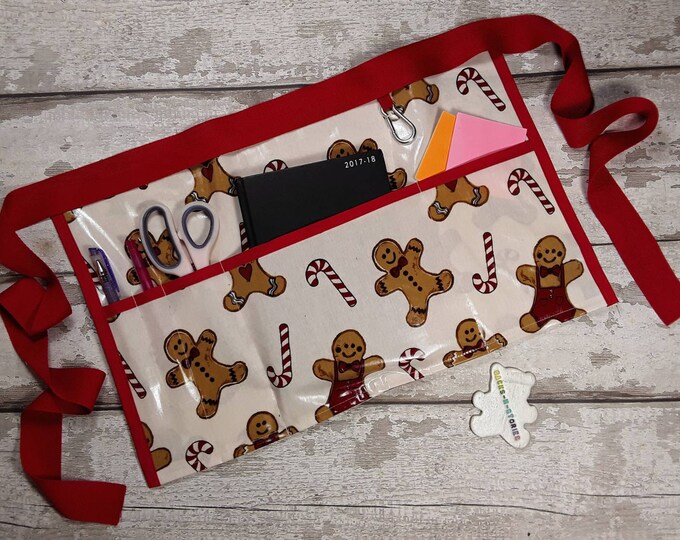 OilCloth PVC Half waist apron, Teacher Apron, GINGERBREAD MAN Men Vendor Apron, Garden Apron, Utility Belt Half Waist 3 pockets
