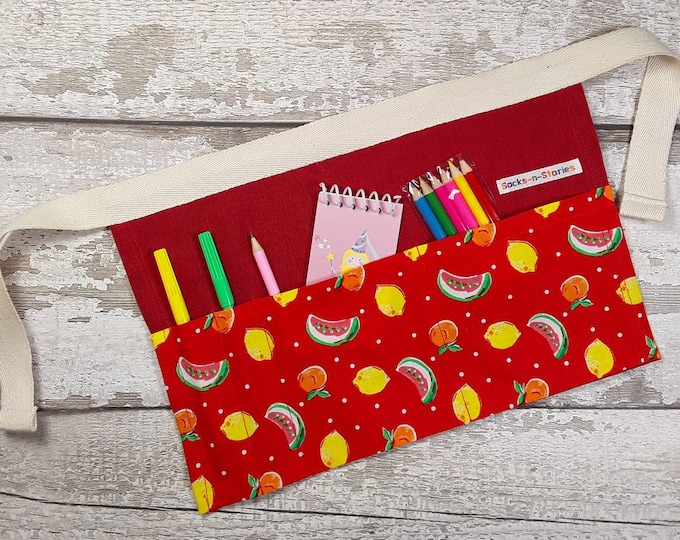 Child's Tool Belt, Utility Apron, Pocket Apron, Role Playing, Mark Making, Dressing up, Red Linen Fruit Party Bag Filler, Stocking filler