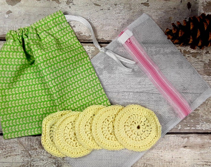 5 Reusable Cotton Crochet face pads storage bag & wash bag, Eco-friendly, Makeup removal, Scrubbies, Facial cleansing wipes, Gift L