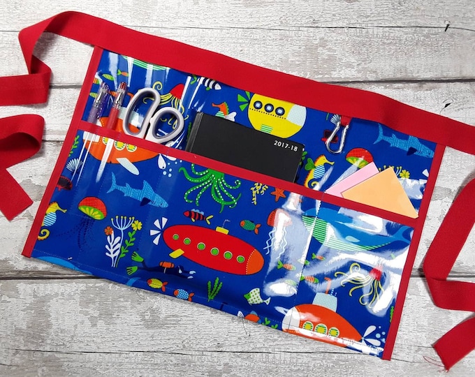 Half waist apron in Oilcoth PVC, Under the Sea Oil Cloth, Vendor Apron, Garden Apron, Teacher apron, 3 pockets fits 10" tablet