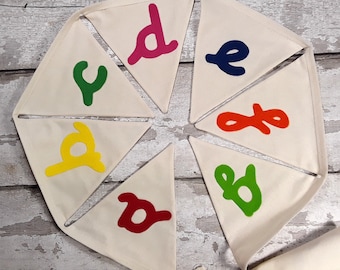 Alphabet A-Z Cotton Calico bunting with pre-cursive font letters 26 flags lined 5.5 metres