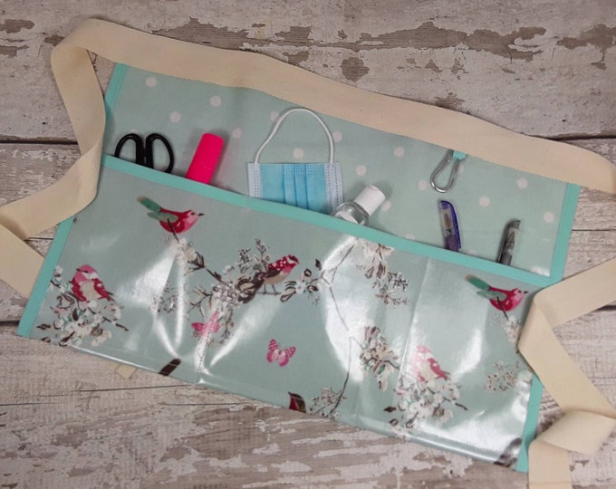 PVC OILCOTH Half Waist apron, Teacher apron, Birds Choice of polka dot 3 pockets Teachers gift, Vendor apron, Utility belt, Garden apron