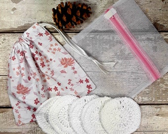 5 Reusable Cotton Crochet face pads storage bag & wash bag Eco-friendly Makeup removal Scrubbies Facial cleansing wipes Gift O