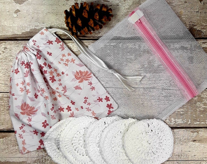 5 Reusable Cotton Crochet face pads storage bag & wash bag Eco-friendly Makeup removal Scrubbies Facial cleansing wipes Gift O