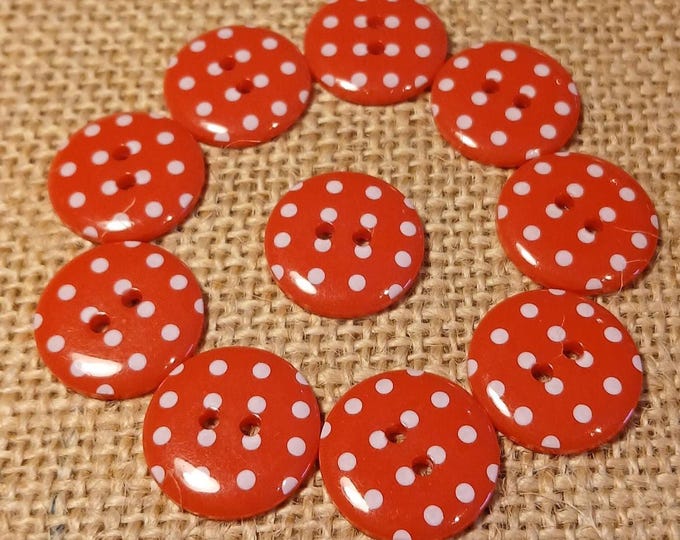 Red Polka Dot Buttons: 18mm Plastic Buttons, Pack of 10