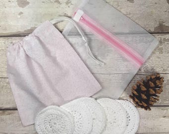 5 Reusable Cotton Crochet face pads storage bag & wash bag, Eco-friendly, Makeup removal, Scrubbies, Facial cleansing wipes, Gift R