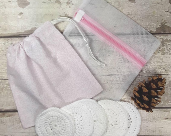 5 Reusable Cotton Crochet face pads storage bag & wash bag, Eco-friendly, Makeup removal, Scrubbies, Facial cleansing wipes, Gift R