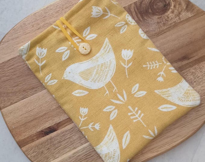 Scandi style bird in yellow Kindle sleeve padded with button closure case, cover, pocket,