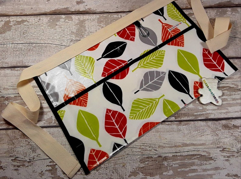 Teacher Apron LEAVES with black OilCloth PVC Vendor Apron Garden Apron Teacher Utility Belt Half Waist 5 or 3 pockets