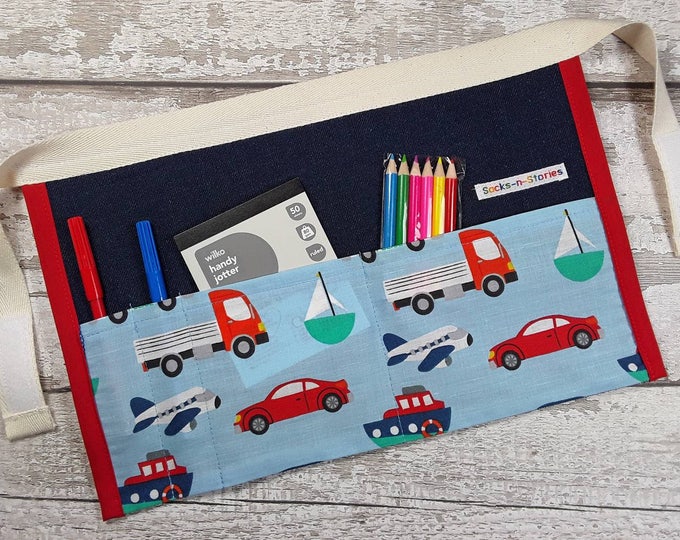 Childs Denim Cars Tool Belt, Utility Apron, Pocket Apron, Role Playing Teacher, Mark Making, Cars BIRTHDAY PARTY GIFT stocking filler