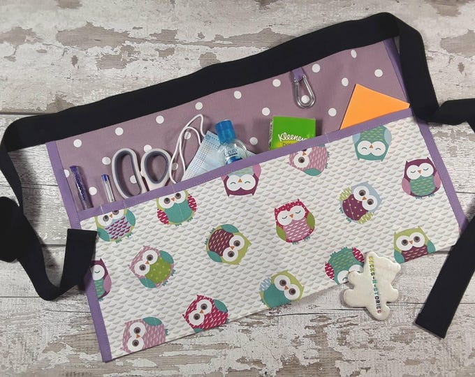 Waist Apron, Pocket Apron OWLS 100% cotton, Teacher Gift, Birthday, Choice of Polka Dot and 2,3,4 or 5 pockets, Vendor Apron, RWI Apron,