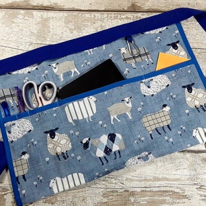 Waist Apron Sheep on blue 2,3,4 or 5 pockets, Teacher apron, Teacher gift, RWI Apron, Craft apron, Birthday gift