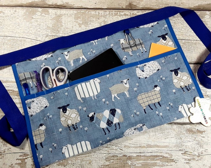 Waist Apron Sheep on blue 2,3,4 or 5 pockets, Teacher apron, Teacher gift, RWI Apron, Craft apron, Birthday gift