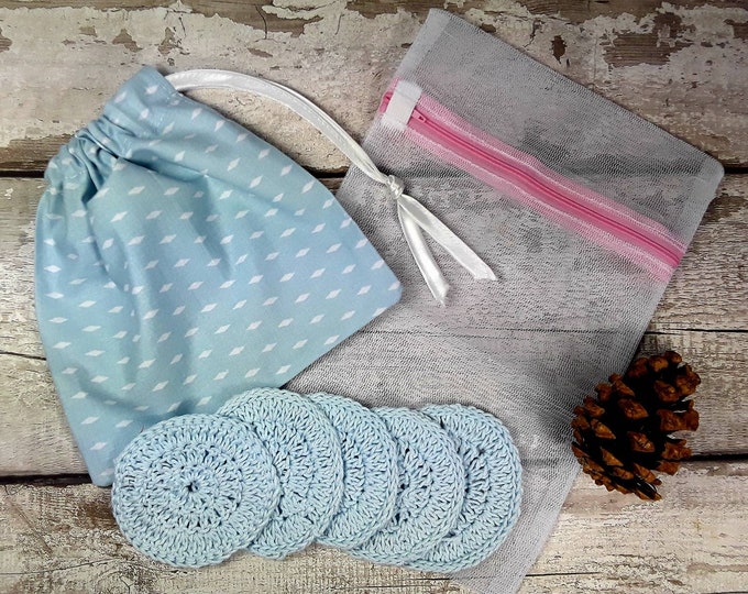 5 Reusable Cotton Crochet face pads storage bag & wash bag, Eco-friendly, Makeup removal, Scrubbies, Facial cleansing wipes, Gift C