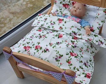 Dolls Floral 5 piece Bedding Set, Dollys cot Fits Ikea Duktig Doll bed