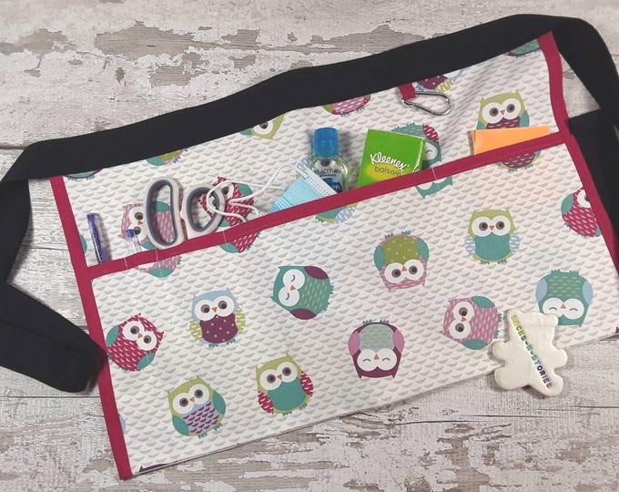 Owl Teacher Apron: Cotton Half Waist Apron, Utility Belt with Pockets