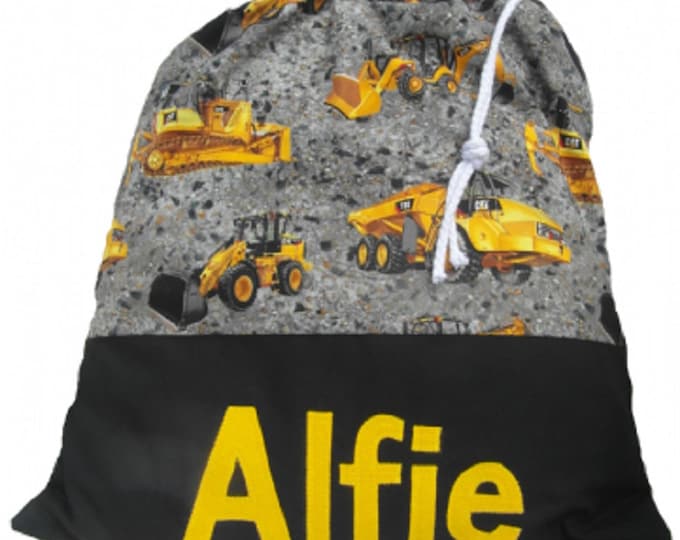 Black CAT Diggers Bag, Personalised bag, Boy birthday gift,Gym bag, Pump bag, PE Bag, Uniform sports bag, Drawstring bag, Nursery Bag