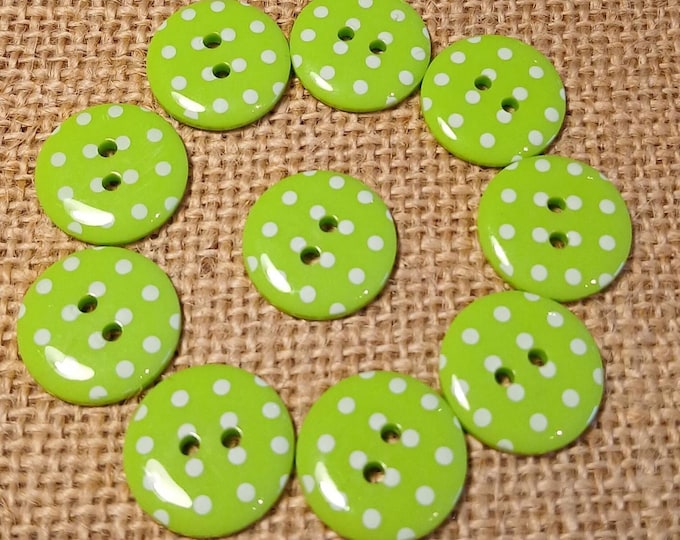 Lime Green Polka Dot Buttons: 18mm Two Hole Plastic (Pack of 10)