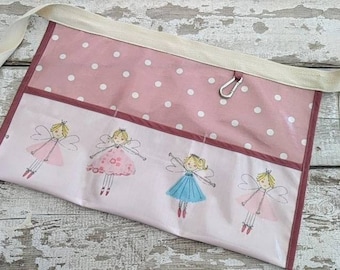 Teachers apron, Pocket apron,FAIRIES in pink Oilcloth PVC, Vendor apron, Garden apron, Utility Belt, Half Waist 3 pockets