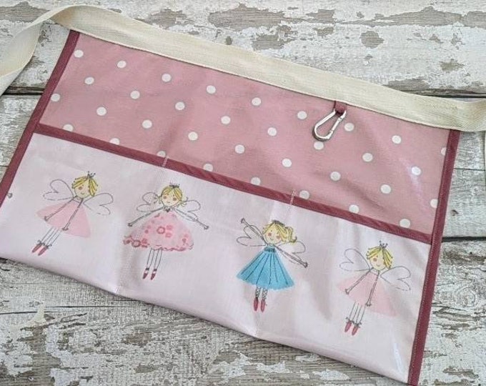 Teachers apron, Pocket apron,FAIRIES in pink Oilcloth PVC, Vendor apron, Garden apron, Utility Belt, Half Waist 3 pockets
