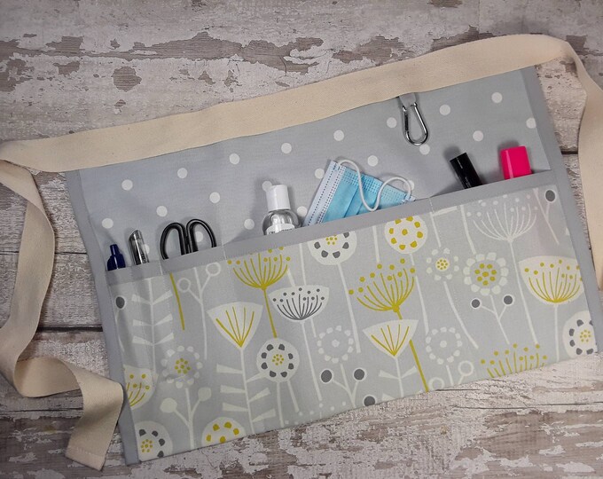 Teacher Apron,Flowered grey Pocket apron, Waist apron, Craft apron, Cafe Apron, Pocket apron, Mother's Day gift, Choice of 2,3,4 & 5 pockets