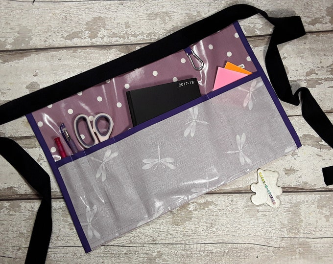 Teacher Waist Apron, Mauve DRAGONFLIES and Polka Dot 2,3,4 or 5 pockets, Teachers gift, Vendor Apron, Read Write Inc Apron RWI