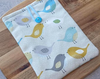 Bird Kindle Sleeve, Padded Cotton Fabric Case, Button closure, Book Cover