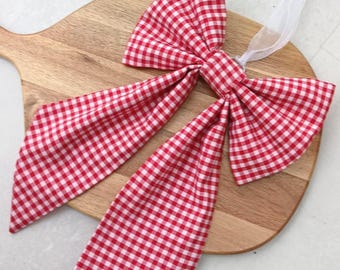 Red gingham fabric hanging bow for shabby chic décor, Large bow
