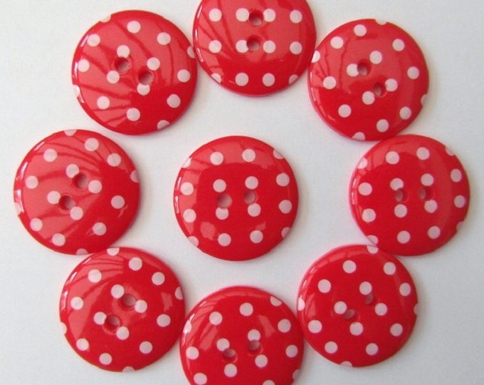 Buttons Bright Red Polka Dot Button x 10 pack of 10 ligne size 28 or 18mm 2 hole Two hole Plastic