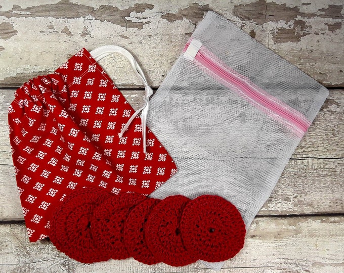 5 Reusable Cotton Crochet face pads with storage bag & wash bag Eco-friendly Makeup removal Scrubbies Facial cleansing wipes Gift B