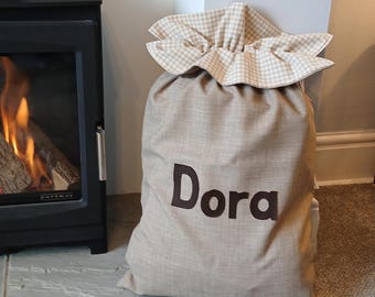 Neutral Christmas Décor, Santa Sack, Traditional Christmas, Beige Gingham Personalised