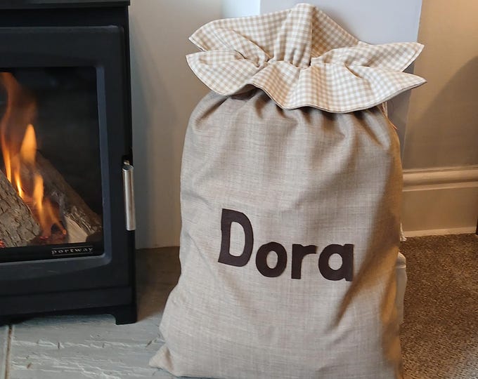 Neutral Christmas Décor, Santa Sack, Traditional Christmas, Beige Gingham Personalised