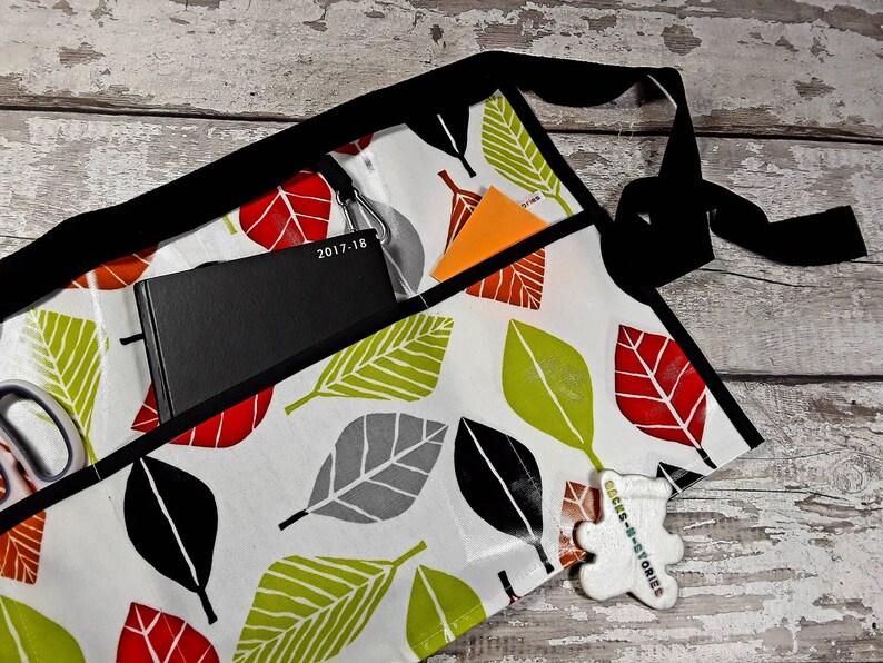 Teacher Apron LEAVES with black OilCloth PVC Vendor Apron Garden Apron Teacher Utility Belt Half Waist 5 or 3 pockets