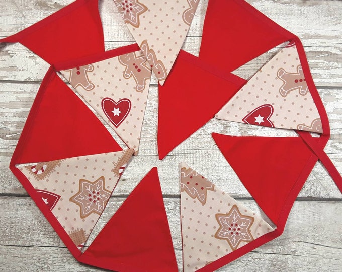 Gingerbread fabric Christmas bunting Ready to Post 11 flags alternate plain red
