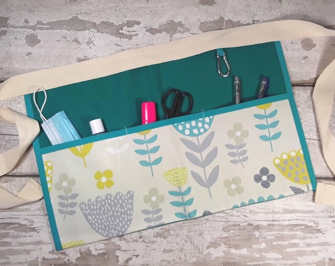 Teal Floral Teacher Apron: Multi-Pocket Cotton Vendor Apron