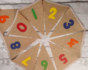 Number Bunting 1-20 Hessian Burlap bunting with felt letters 20 flags 4 metres Farmhouse Classroom
