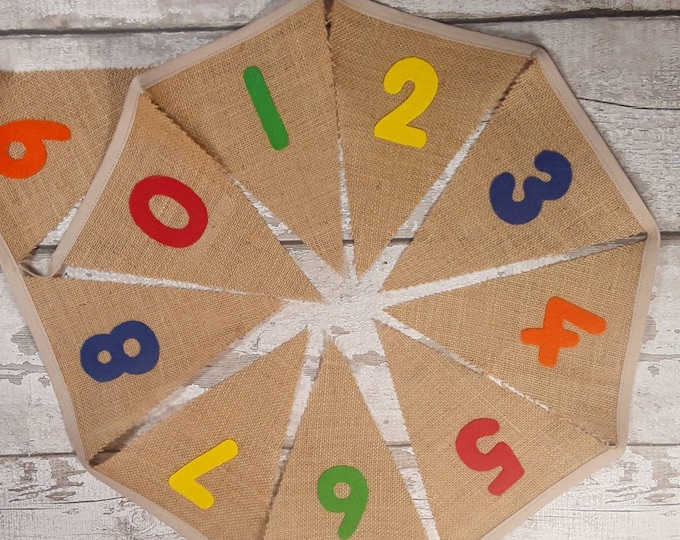 Number Bunting 1-20 Hessian Burlap bunting with felt letters 20 flags 4 metres Farmhouse Classroom