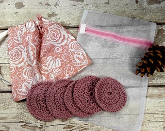 5 Reusable Cotton Crochet face pads storage bag & wash bag, Eco-friendly, Makeup removal, Scrubbies, Facial cleansing wipes Gift I