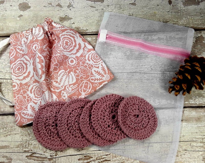 5 Reusable Cotton Crochet face pads storage bag & wash bag, Eco-friendly, Makeup removal, Scrubbies, Facial cleansing wipes Gift I
