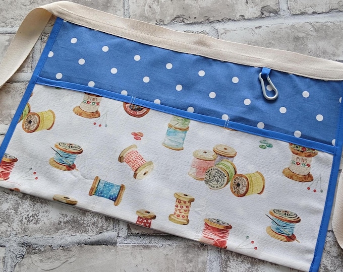 Crafter Waist Apron: 'Bobbins' Fabric, Polka Dot Pockets, Sewing Gift *
