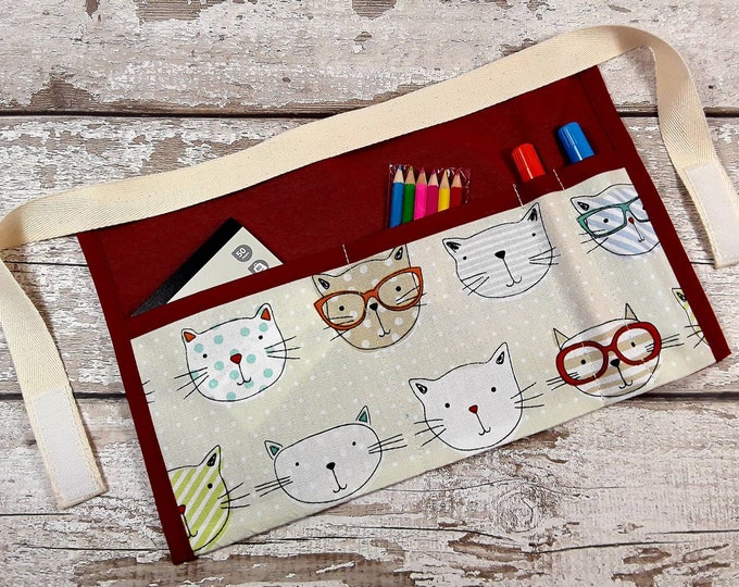 Childs Apron, Dressing up, Cat Red Linen, Tool Belt, Pocket Apron, Role Playing, Mark Making, BIRTHDAY Home Schooling, Stocking filler