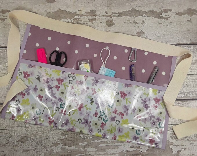 PVC OILCLOTH Teacher apron, Half waist apron, 3 pockets Lilac Garden apron, Vendor apron, Teacher gift, Market apron, Outdoor apron