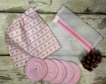 5 Reusable Cotton Crochet face pads storage bag & wash bag, Eco-friendly, Makeup removal, Scrubbies, Facial cleansing wipes, Gift E