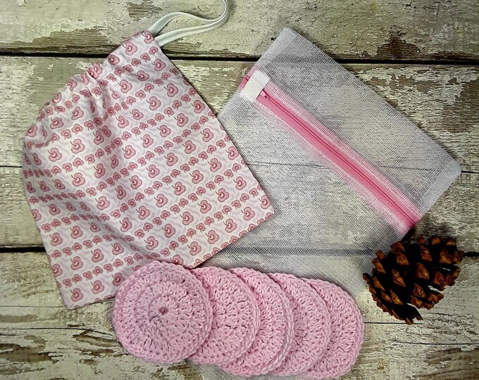 5 Reusable Cotton Crochet face pads storage bag & wash bag, Eco-friendly, Makeup removal, Scrubbies, Facial cleansing wipes, Gift E