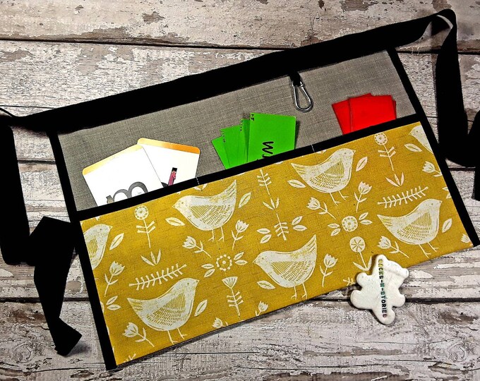 Teacher Apron, Scandi Style Birds in Ochre with grey 2,3,4 or 5 pockets, Craft  apron, Teacher RWI Apron, Pocket apron, Waist apron