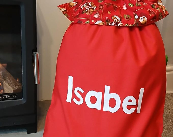 Personalised Christmas Santa Sack: Red Cotton, Teddy Ruffle, Gold Bells *