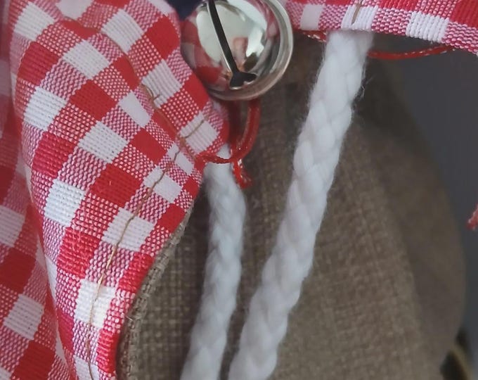 Personalised Santa Sack: White Cotton, Red Ruffle, Silver Bells