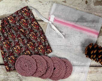 5 Reusable Cotton Crochet face pads storage bag & wash bag, Eco-friendly, Makeup remova,l Scrubbies, Facial cleansing wipes, Gift J